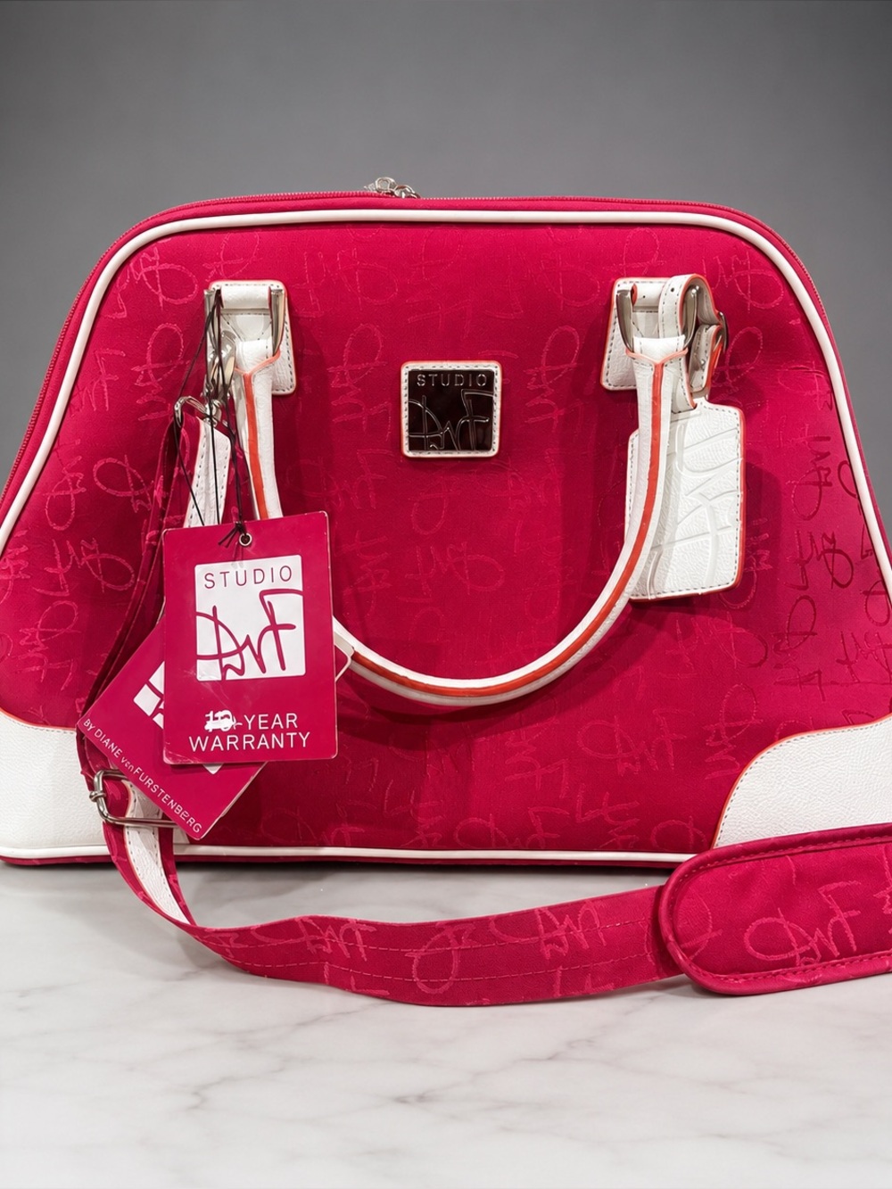 Diane Von Furstenburg Travel Bag White Leather Trim Detachable Shoulder Strap